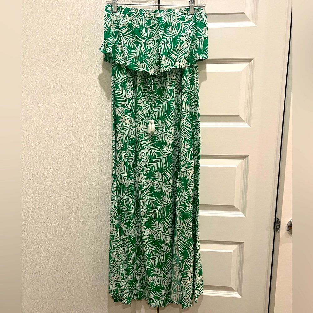 Strapless palm print maxi dress